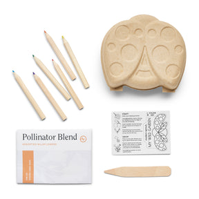 Curious Critters Garden Kit featuring a wooden palette, colored pencils, pollinator blend seeds, and planting instructions.