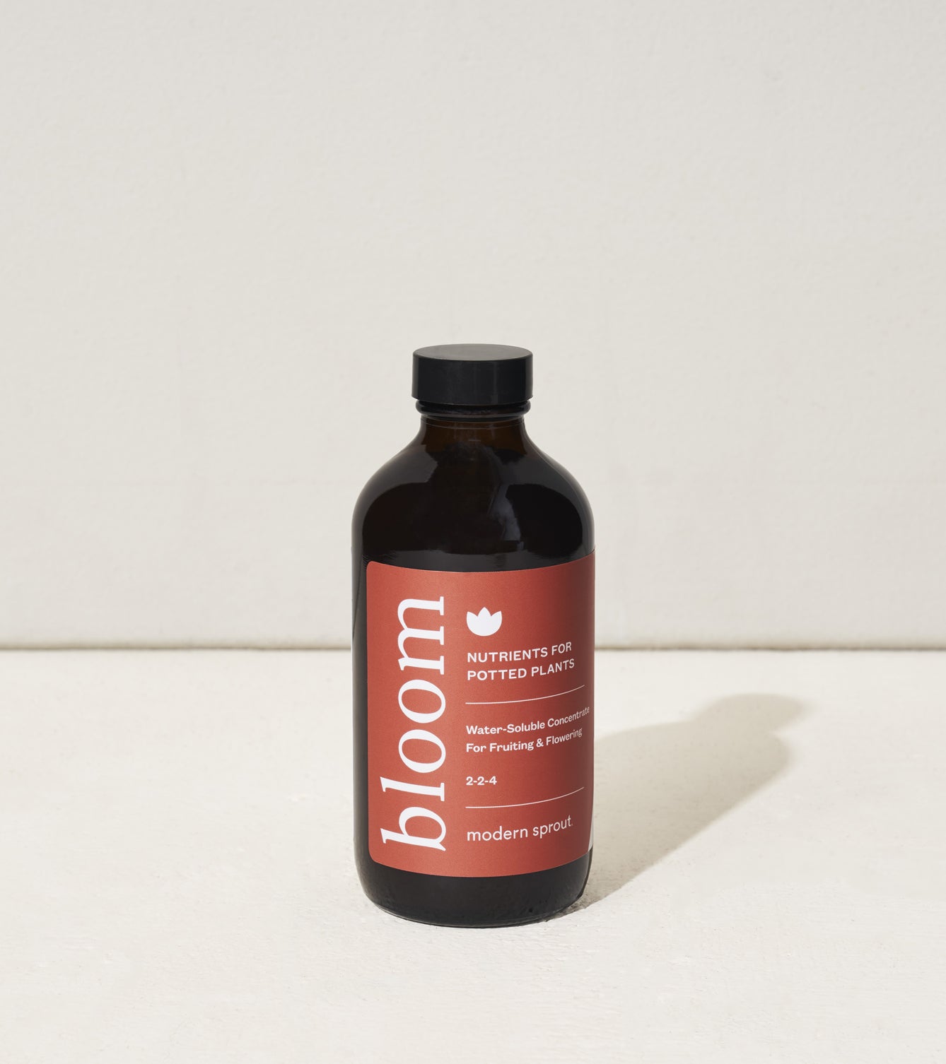 8 oz bottle of bloom plant nutrients for potted plants, featuring a dark label with red accents and a black cap.