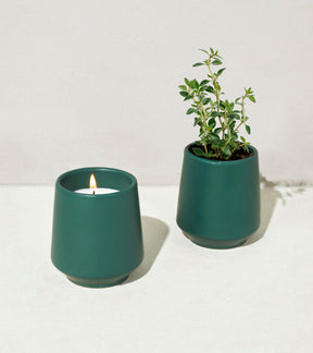 Two green ceramic containers, one with a lit candle and the other with a small thriving plant, on a light surface.